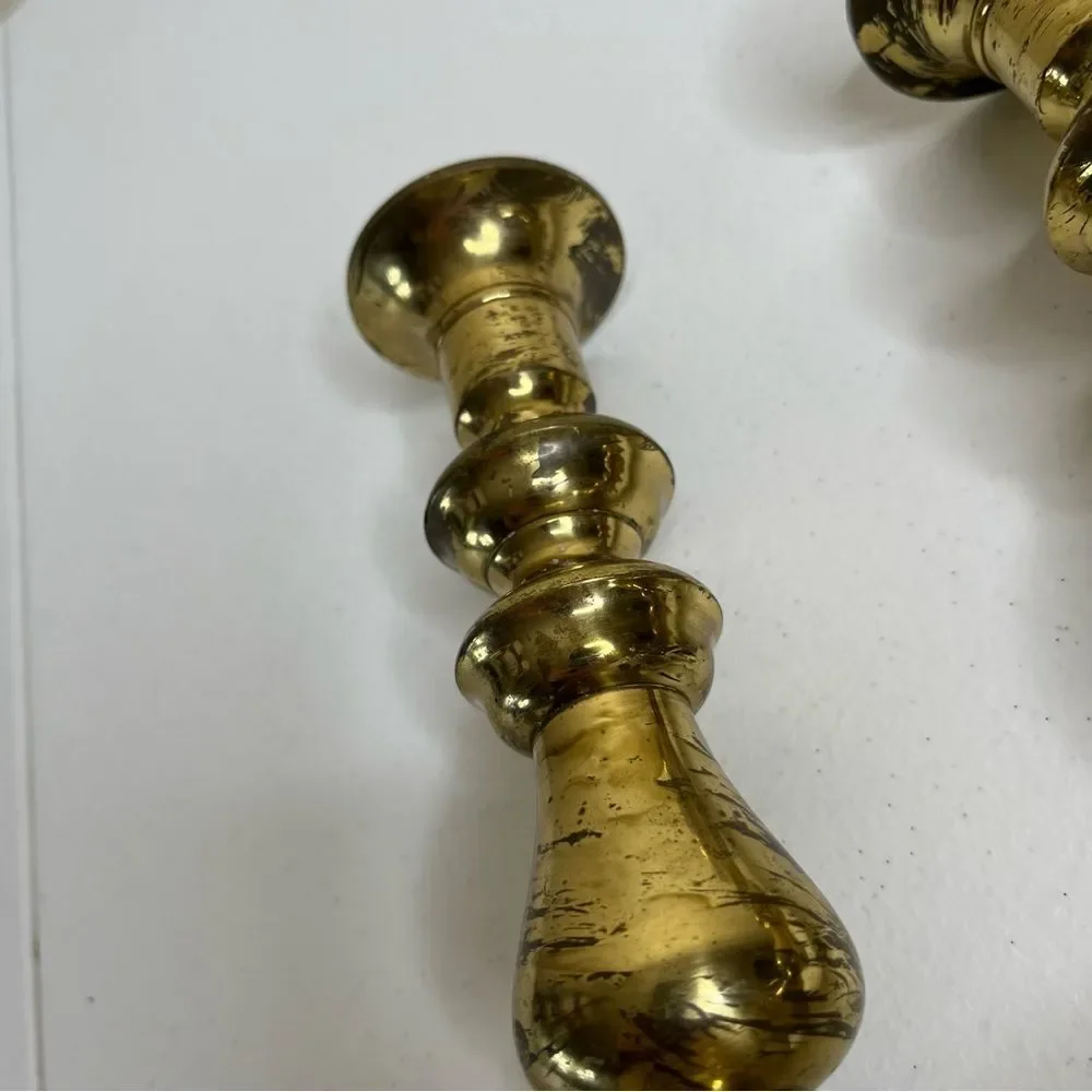 Vintage Pair Brass Candlestick Holders Heavy Patina Set 2 Approx 8.5 Inch Tall